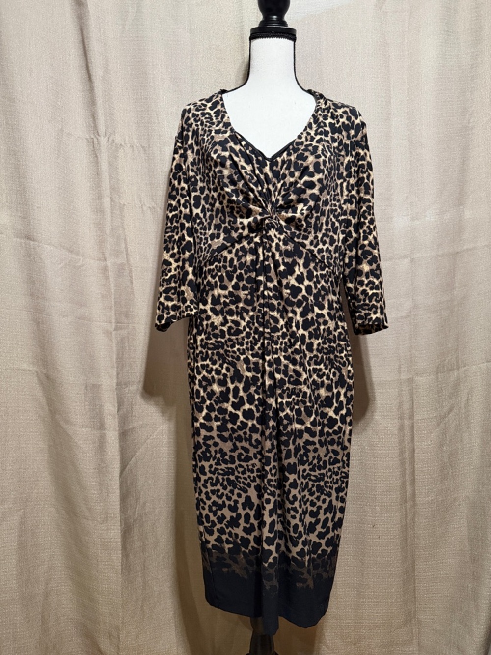 Leopard Print Twist-Front Midi Dress in Tan & Black